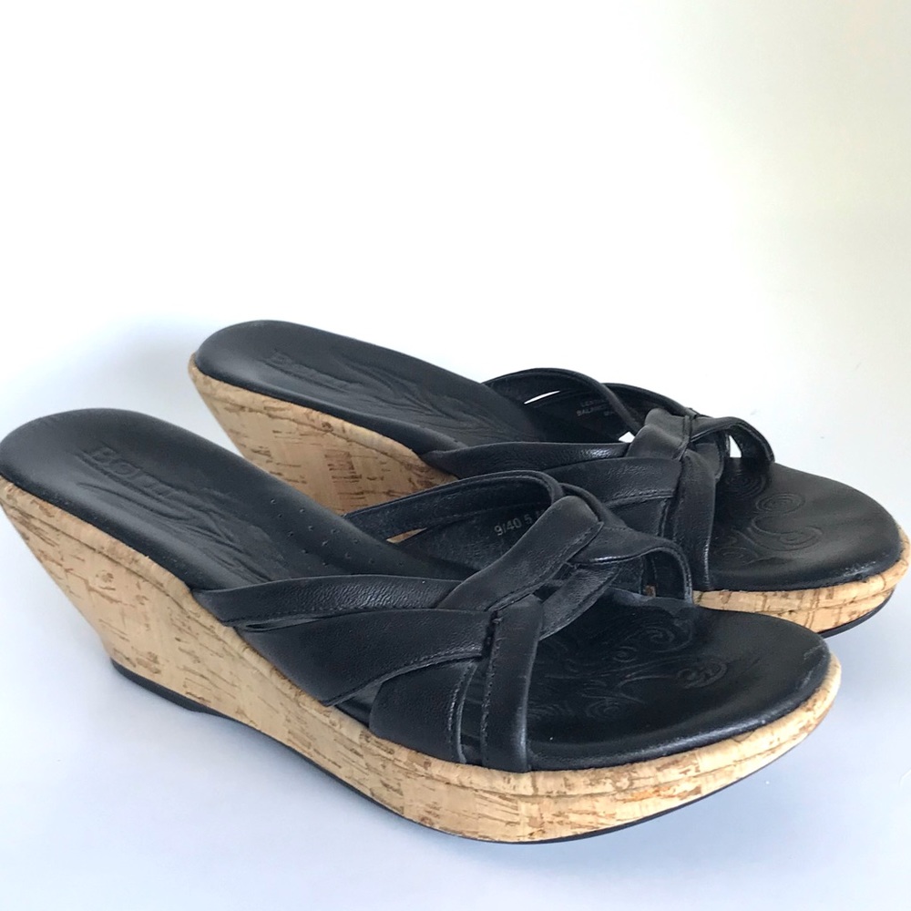 Born Black Braided Leather Open Toe Cork Wedges (8 MW)